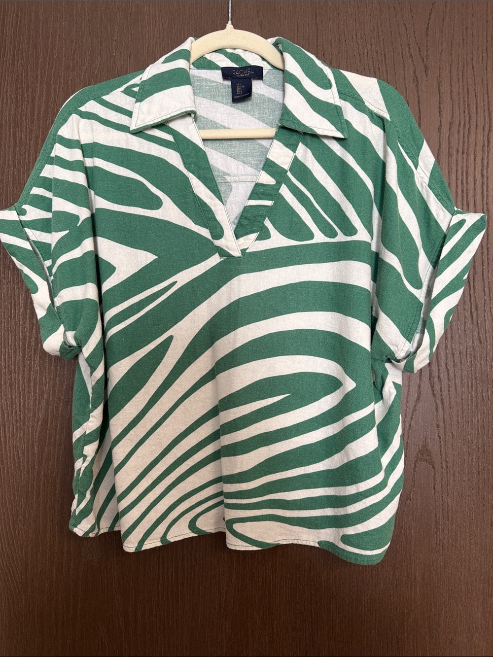 Rachel Zoe Green and Cream Zebra-Print Short-Sleeve Blouse